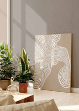 decoración con cuadros, ideas - lámina decorativa de ilustración abstracta con trazos en blanco y fondo beige - kudeko