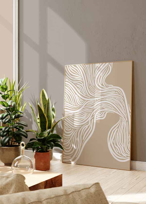 decoración con cuadros, ideas - lámina decorativa de ilustración abstracta con trazos en blanco y fondo beige - kudeko