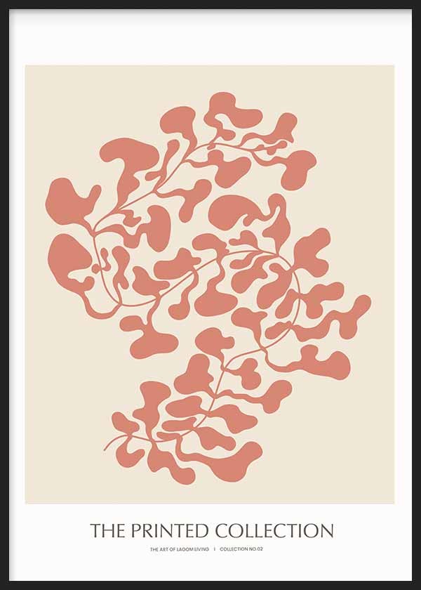 Tableau encadré avec plante abstraite aux formes organiques en terracotta rosé sur fond crème, composition botanique au style minimaliste et contemporain. Disponible sur kudeko.com