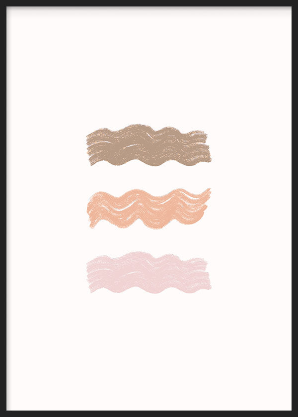 Tableau enmarqué avec trois lignes ondulées beige, pêche et rose doux sur fond blanc, dans un style minimaliste épuré et équilibré. Disponible sur kudeko.com