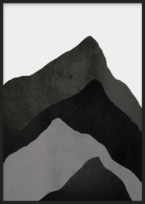 Cuadro con montañas superpuestas en negro, gris antracita y gris claro sobre fondo blanco, composición de estilo abstracto sobrio y contemporáneo. Disponible en kudeko.com