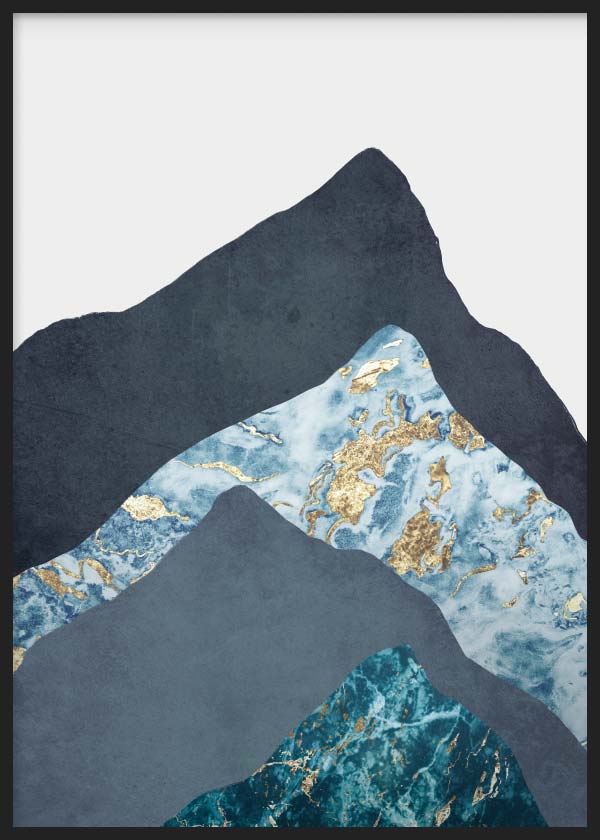 Cuadro de montañas abstractas en capas azul marino, gris, turquesa y azul claro con detalles dorados y composición moderna. Disponible en kudeko.com