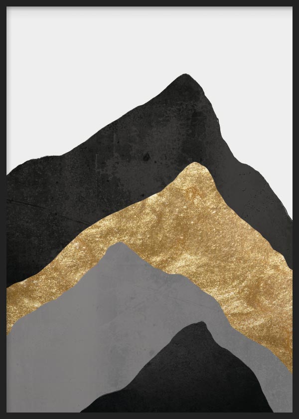 Cuadro con montañas abstractas en capas negras, grises y doradas, composición sobria de alto contraste y acabado elegante, de estilo abstracto. Disponible en kudeko.com