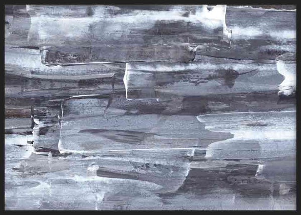Horizontales Wandbild mit abstrakter Komposition aus überlagerten Formen in Grau, Graublau, Weiß und Schwarz, weicher Textur und modernem ausgewogenem Stil für die Wandgestaltung. Erhältlich auf kudeko.com