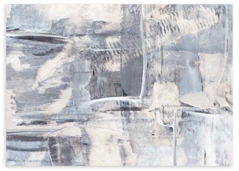 Horizontales Wandbild mit abstrakter Komposition, überlagerten Texturen, weichen Flächen und breiten Spuren in Grau, Off-White und Graublau, im modernen ausgewogenen Stil. Erhältlich auf kudeko.com