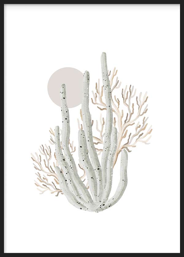 Cuadro de coral marino blanco con ramas beige, círculo rosa empolvado y fondo claro, composición ligera de estilo minimalista. Disponible en kudeko.com