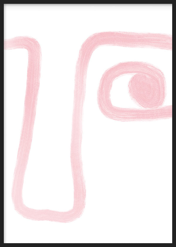 Tableau avec formes abstraites organiques en rose poudré sur fond blanc, larges lignes courbes, détail circulaire et style minimaliste épuré. Disponible sur kudeko.com