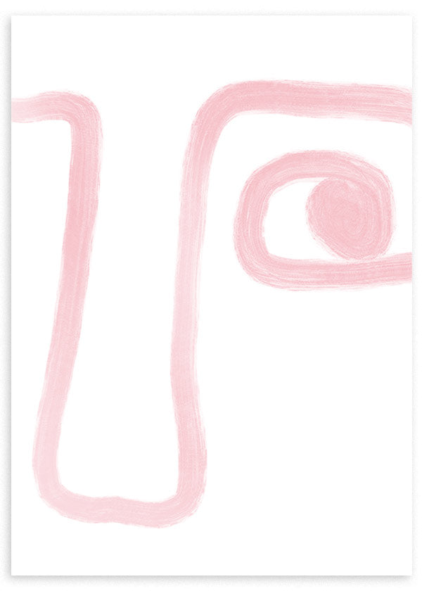 Cuadro con formas abstractas orgánicas en rosa empolvado sobre fondo blanco, líneas curvas amplias, detalle circular y estilo minimalista. Disponible en kudeko.com