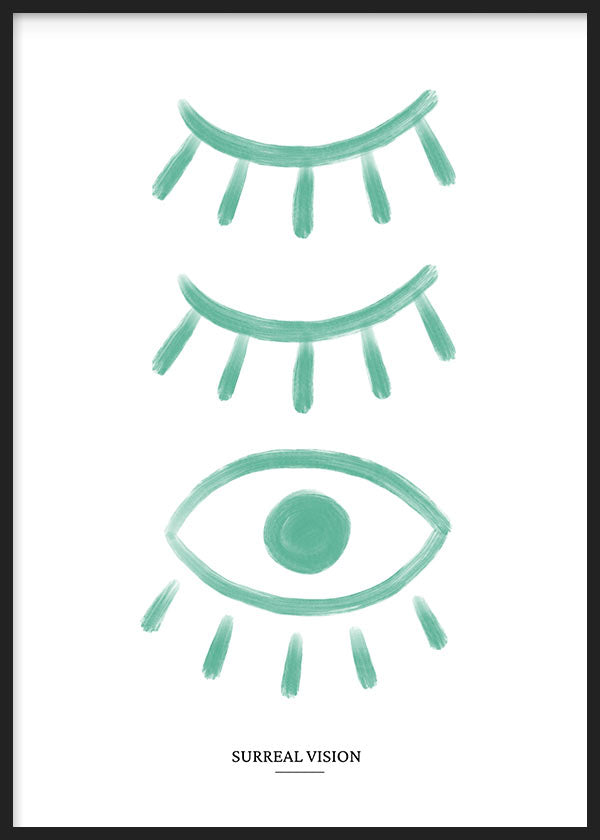 Tableau encadré avec yeux fermés et un œil ouvert vert d’eau sur fond blanc, composition symbolique au style illustration et lignes douces contemporaines. Disponible sur kudeko.com