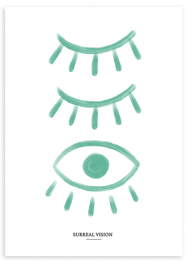 Tableau encadré avec yeux fermés et un œil ouvert vert d’eau sur fond blanc, composition symbolique au style illustration et lignes douces contemporaines. Disponible sur kudeko.com