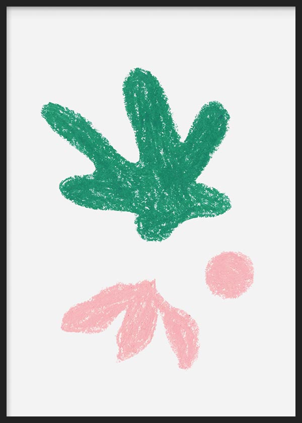 Tableau encadré avec formes organiques abstraites vertes et rose doux sur fond blanc, silhouette centrale, petit cercle et lignes ouvertes, style minimaliste. Disponible sur kudeko.com