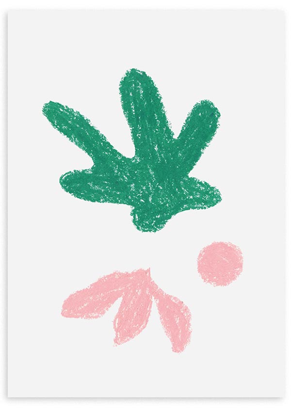 Cuadro con formas orgánicas abstractas en verde intenso y rosa suave sobre fondo blanco, de estilo minimalista. Disponible en kudeko.com