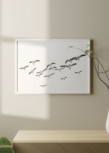 decoración con cuadros, ideas - lámina decorativa fotográfica horizontal en blanco y negro de pájaros volando - kudeko