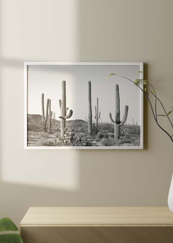 Cuadro horizontal de paisaje desértico con cactus saguaro altos, suelo árido, montañas lejanas y tonos grises en estilo fotográfico. Disponible en kudeko.com