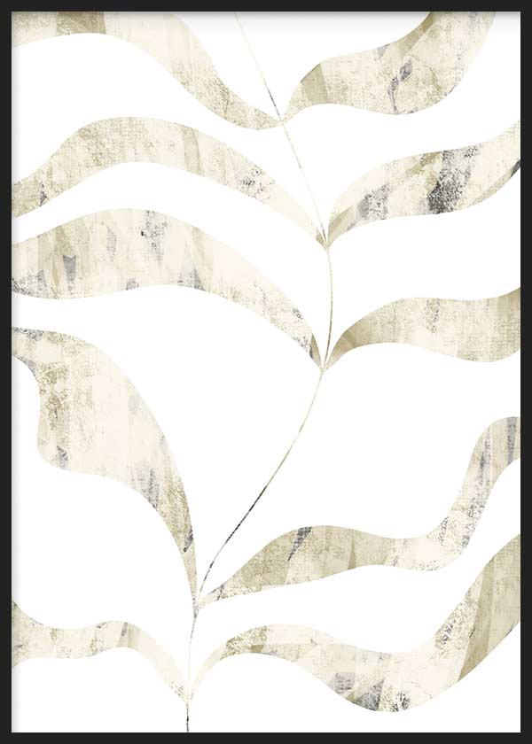 Cuadro con hoja abstracta de formas onduladas en tonos dorado envejecido, beige claro, gris suave y fondo blanco, de estilo abstracto. Disponible en kudeko.com