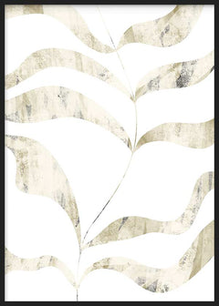 Tableau encadré avec grande feuille abstraite aux formes ondulées, en doré vieilli, beige clair, gris doux sur fond blanc, style abstrait épuré. Disponible sur kudeko.com