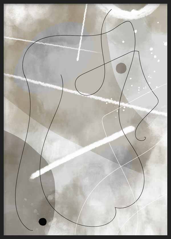 Cuadro de líneas abstractas negras sobre fondo beige, gris y blanco con formas orgánicas suaves y composición contemporánea de estilo abstracto. Disponible en kudeko.com
