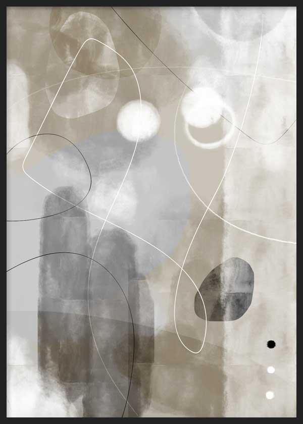 Tableau avec composition abstraite de lignes courbes, formes organiques et aplats beige, gris, blanc et noir, dans un style contemporain et épuré. Disponible sur kudeko.com