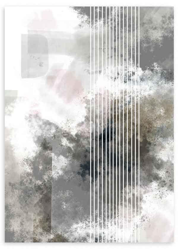 Tableau avec lignes blanches parallèles sur fond abstrait gris, noir, beige et rose doux, dans un style contemporain aux formes diffuses et équilibrées. Disponible sur kudeko.com