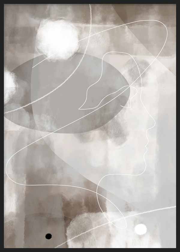 Gerahmtes Wandbild mit linearer Gesichtssilhouette auf abstrakten Formen in Beige, Taupe, Weiß und sanftem Braun, im ausgewogenen abstrakten Stil für moderne Räume. Erhältlich auf kudeko.com