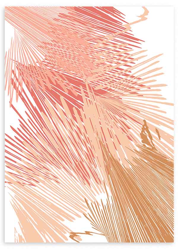Cuadro de composición abstracta con líneas diagonales superpuestas en rosa empolvado, beige arena y tonos tierra sobre fondo claro, de estilo abstracto. Disponible en kudeko.com