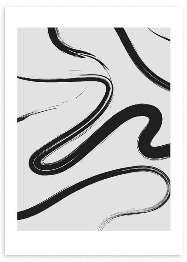 Quadro emoldurado abstrato com linhas curvas pretas sobre fundo branco, composição gráfica de caminhos sinuosos, contraste definido e estilo moderno depurado. Disponível em kudeko.com