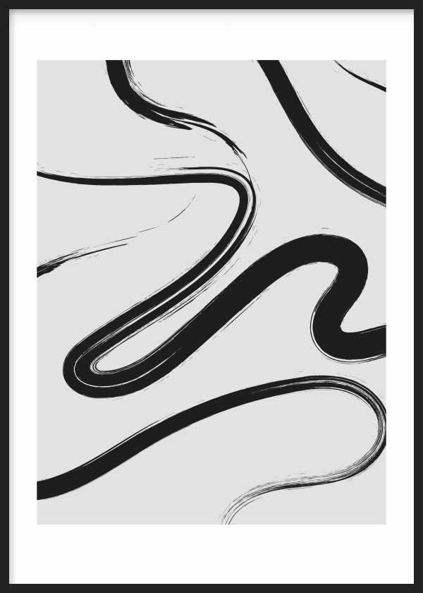 Tableau encadré abstrait avec lignes courbes noires sur fond blanc, composition graphique de chemins sinueux, contraste net et style épuré moderne. Disponible sur kudeko.com