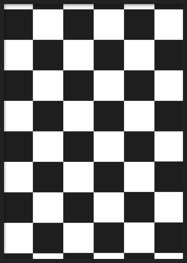 Tableau encadré avec motif de damier en carrés noirs et blancs, composition symétrique, contraste marqué et style géométrique contemporain pour décoration murale. Disponible sur kudeko.com