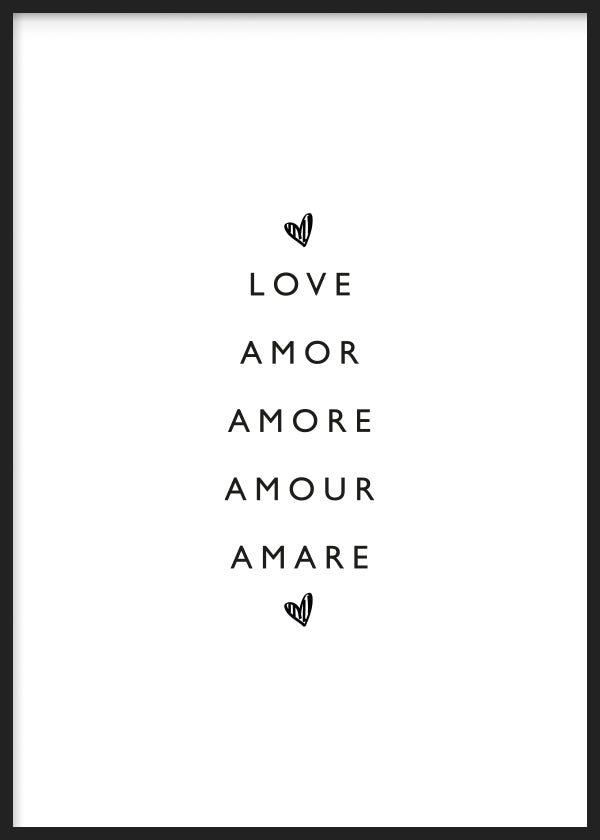 Tableau avec mots d’amour en plusieurs langues, typographie noire sur fond blanc, composition centrée, petits cœurs délicats et style minimaliste contemporain. Disponible sur kudeko.com