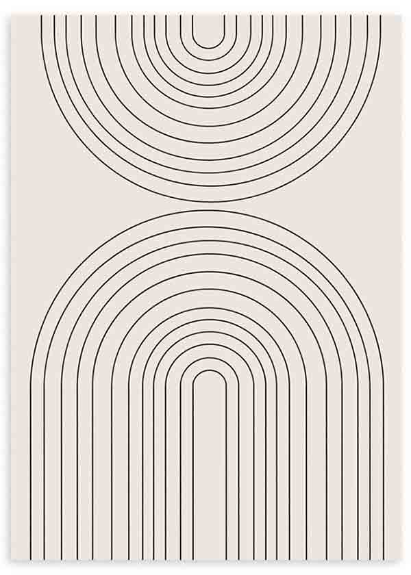 Cuadro con arcos concéntricos negros sobre fondo beige claro, composición simétrica de líneas limpias y estilo geométrico contemporáneo. Disponible en kudeko.com