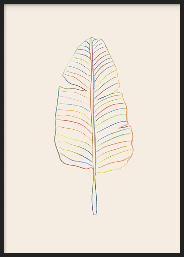 Cuadro de hoja de platanera con contorno fino multicolor, nervaduras en tonos arcoíris y fondo beige, de estilo minimalista. Disponible en kudeko.com