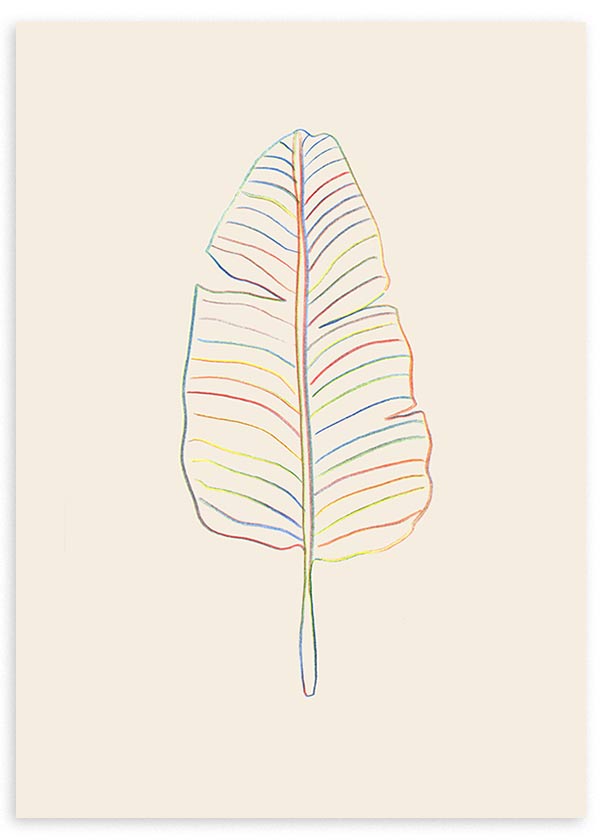 Cuadro de hoja de platanera con contorno fino multicolor, nervaduras en tonos arcoíris y fondo beige, de estilo minimalista. Disponible en kudeko.com
