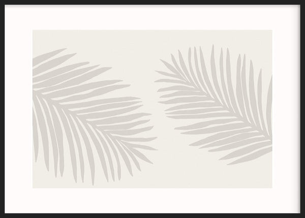 Cuadro horizontal con dos hojas de palmera en beige claro y gris suave sobre fondo marfil, composición botánica de estilo minimalista. Disponible en kudeko.com
