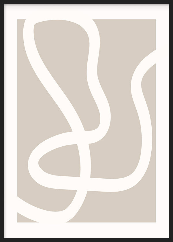 Quadro emoldurado com linhas onduladas brancas sobre fundo bege suave, formas orgânicas amplas e composição limpa de estilo minimalista contemporâneo. Disponível em kudeko.com