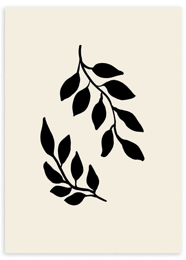 Cuadro de ramas con hojas negras sobre fondo beige claro, composición botánica de formas simples, contraste suave y estilo minimalista. Disponible en kudeko.com