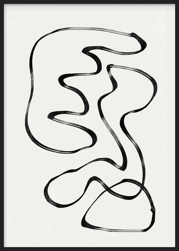 Quadro emoldurado com linhas pretas contínuas, formas orgânicas sobre fundo branco e composição abstrata de estilo minimalista, para uma decoração de parede equilibrada. Disponível em kudeko.com