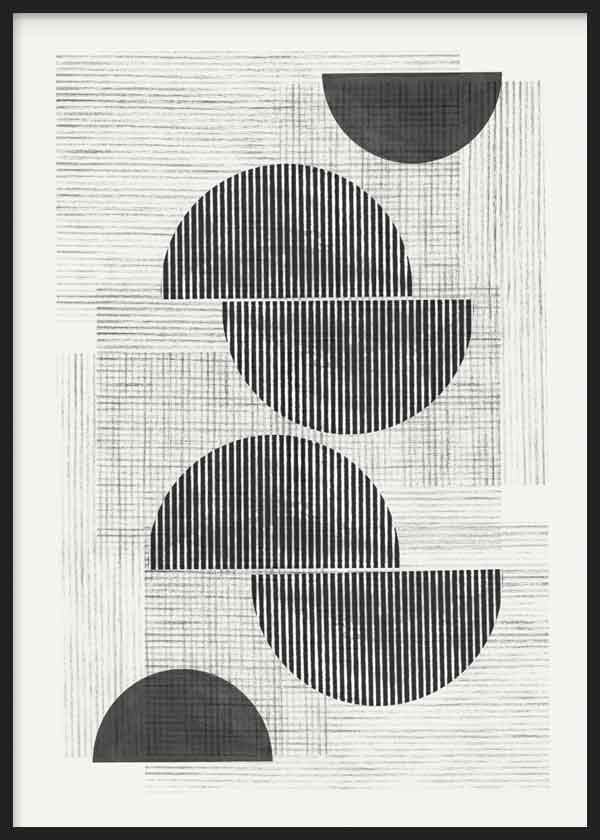 Wandbild mit schwarzen und grauen Halbkreisen, vertikalen Linien und feiner Struktur auf gebrochen weißem Hintergrund, im geometrischen und klaren zeitgenössischen Stil. Erhältlich auf kudeko.com