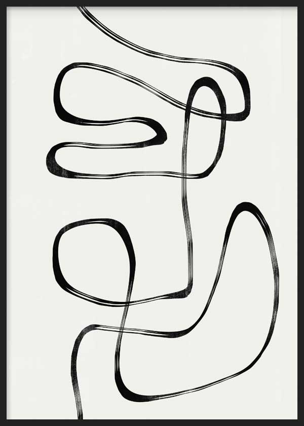 Wandbild mit durchgehenden schwarzen Linien, weiten Kurven, abstrakter monochromer Komposition auf weißem Hintergrund und klarem modernem Stil. Erhältlich auf kudeko.com