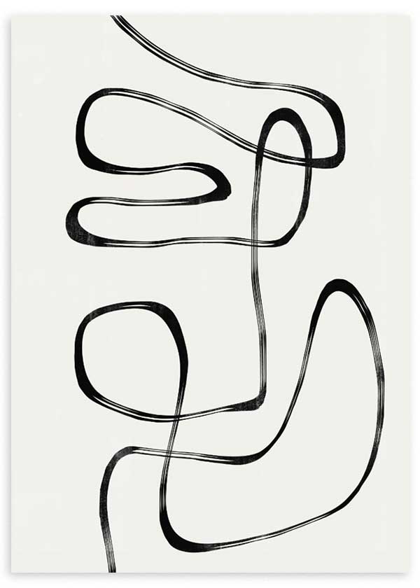 Cuadro con líneas negras continuas, curvas amplias y composición abstracta monocromática sobre fondo blanco de apariencia limpia y moderna. Disponible en kudeko.com