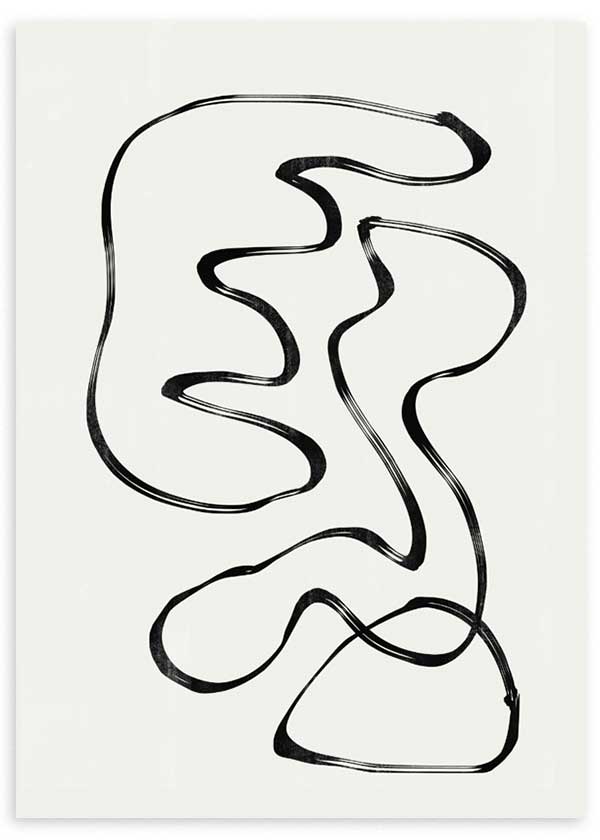 Cuadro de líneas negras continuas y formas orgánicas sobre fondo blanco, con composición abstracta de estilo minimalista. Disponible en kudeko.com