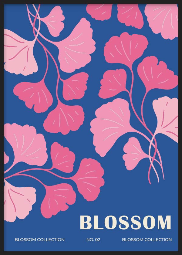 Cuadro con hojas de ginkgo rosas y fucsias sobre fondo azul intenso, composición botánica de estilo floral con formas limpias y contraste vibrante. Disponible en kudeko.com