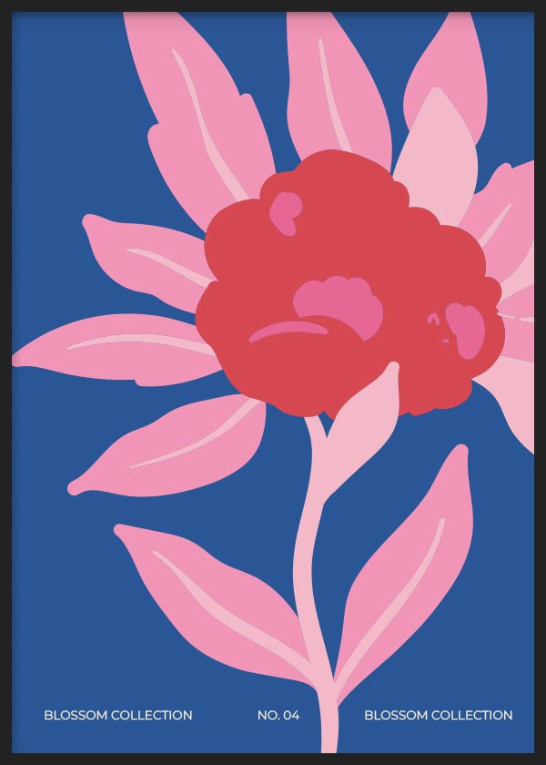 Cuadro de gran flor estilizada con pétalos y hojas rosas, centro rojo coral, fondo azul intenso y composición de estilo floral. Disponible en kudeko.com