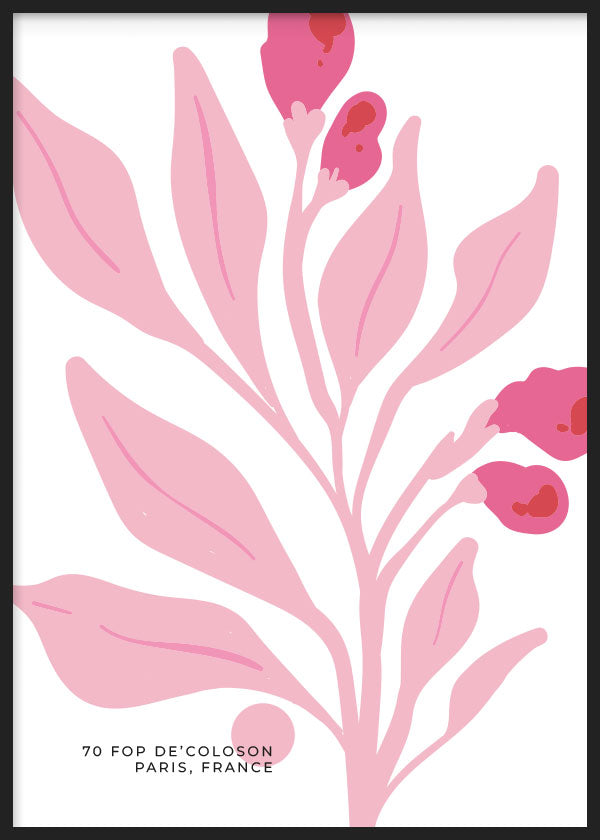 Cuadro con rama botánica de hojas grandes y brotes florales en rosa pastel, fucsia y rojo suave, sobre fondo blanco, de estilo floral. Disponible en kudeko.com