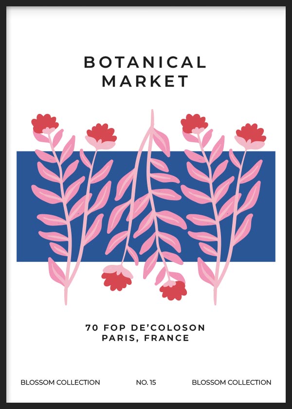 Cuadro con flores rojas, hojas rosadas, bloque azul central, fondo blanco y tipografía negra, de estilo floral con composición botánica decorativa. Disponible en kudeko.com