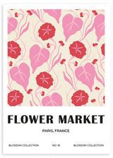 lámina decorativa de flores. Ilustración floral en colores rosa y rojo. Flower market.