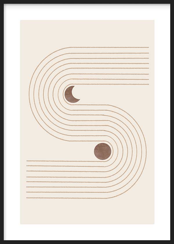 Cuadro con líneas curvas en forma de arco, círculos marrón tierra, fondo beige claro y composición abstracta de estilo minimalista. Disponible en kudeko.com