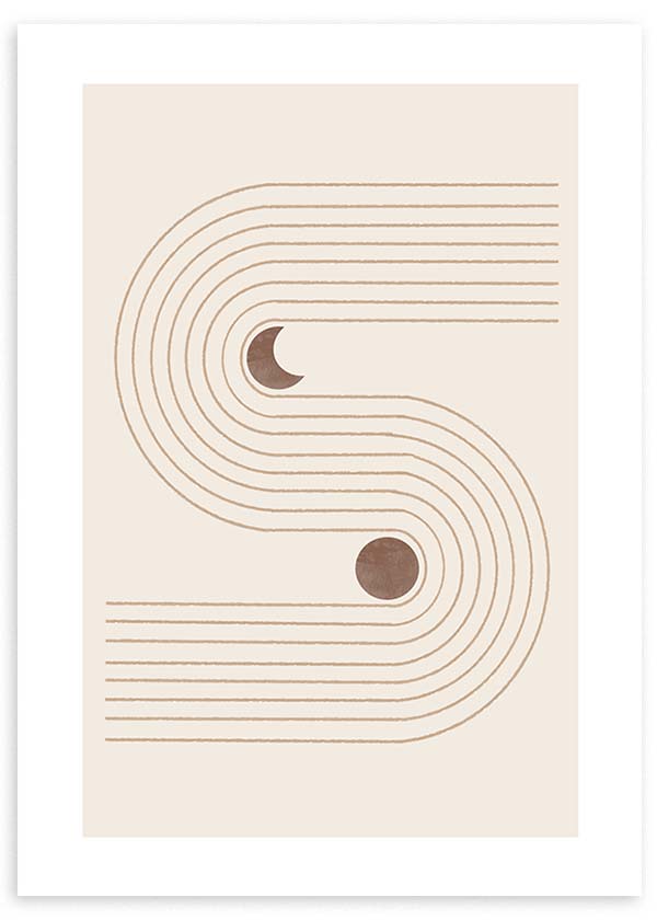 lámina decorativa abstracta y geométrica con luna llena y creciente, estilo nórdico - kudeko