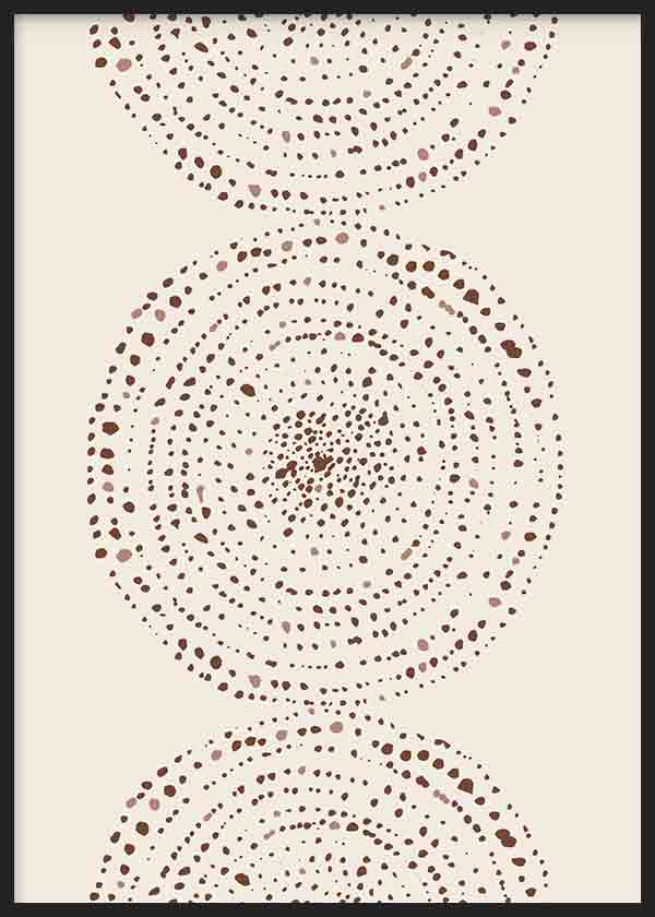 Tableau encadré avec composition abstraite de cercles concentriques en points irréguliers beige, marron et terracotta sur fond clair, dans un style contemporain épuré. Disponible sur kudeko.com