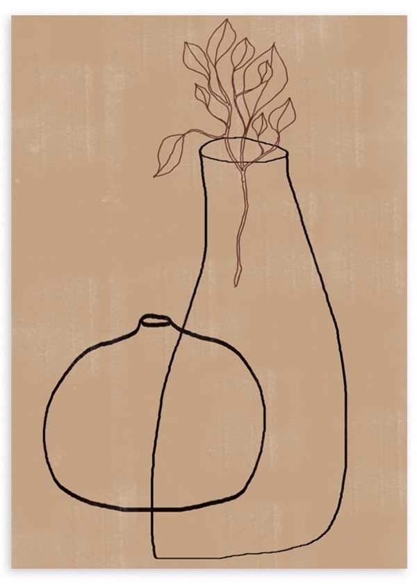 Cuadro de dos jarrones en líneas negras con ramas y hojas sobre fondo beige cálido, de estilo minimalista. Disponible en kudeko.com