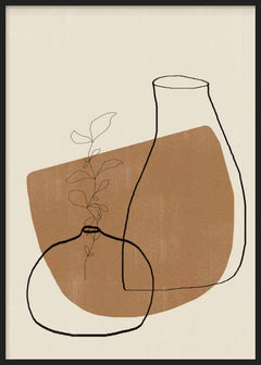 Cuadro de dos jarrones en línea negra con rama vegetal fina, fondo beige y forma orgánica marrón, de estilo minimalista. Disponible en kudeko.com